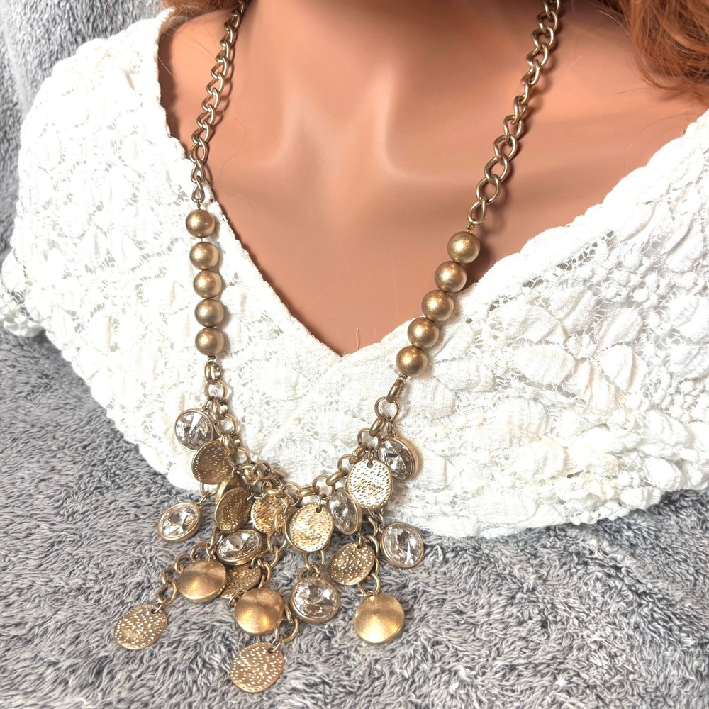 Statement Rivoli Glass Necklace Gold Tone Coin Crystal Bib Eclectic Glam 21849